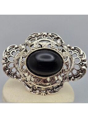 Silver and Black Onyx Filigree Antique Elegant Brooch Pin